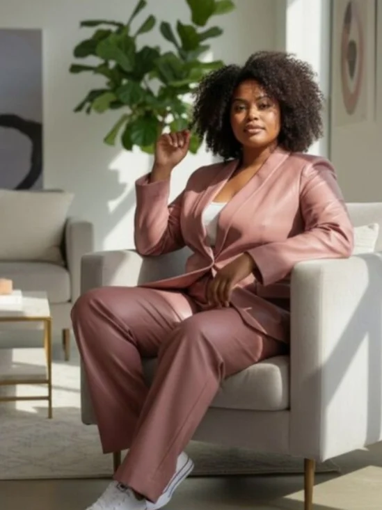 Wildfang The Empower Vegan Leather 2 Pc Suite Tux Blazer/Trousers Brown Rose - Picture 2 of 11